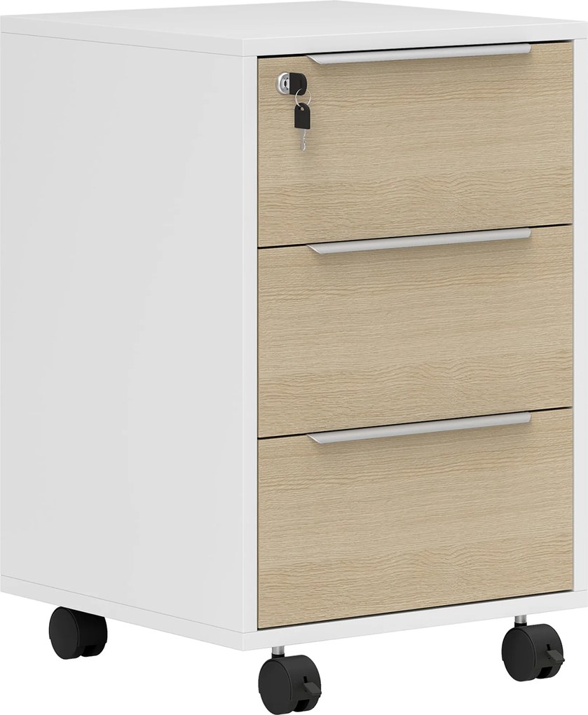 HOMCOM 3 Fiókos Íróasztali Fiók Kerekekkel és Zárral, 2 Kulccsal, Mobil Irattároló Szekrény Tanulószobába 40x40x63,5 cm Fehér és Tölgy | Aosom