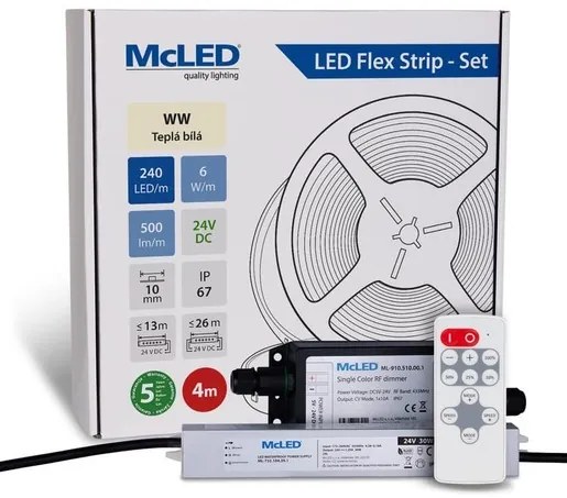 McLED  LED szalag - készlet 4 m + Vevő Nano IP67, 240 LED/m, WW, 6 W/m, DC 24V, 500 lm/m, CRI90, IP67, 10 mm, Vezető 3 m ML-126.034.90.S04002