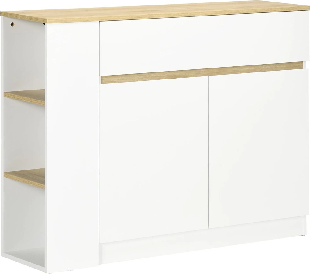 HOMCOM Fehér Konyhai Széktároló 2 Ajtós Fiókkal és 3 Nyitott Polccal Nappaliba és Étkezőbe 110x29.5x82 cm | Aosom