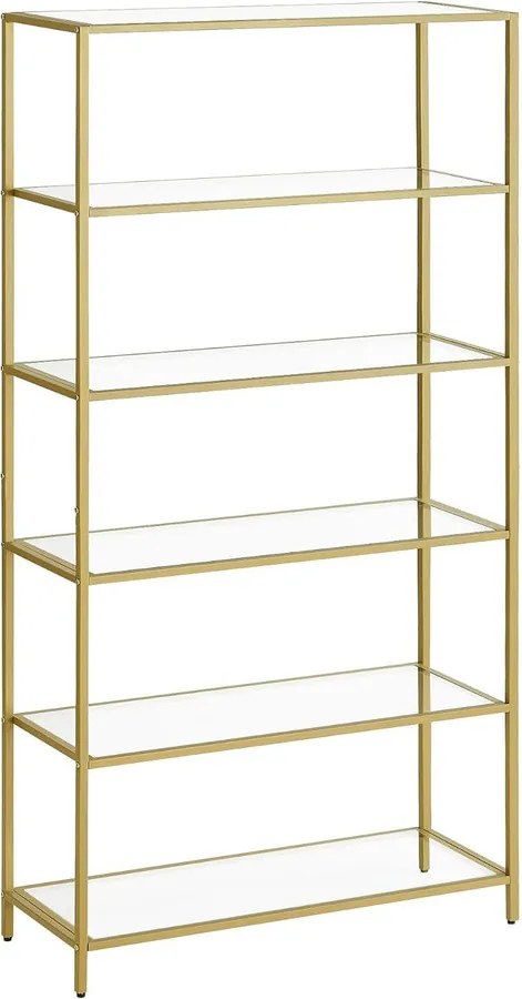 Könyvespolc, 6 szintes üvegpolc fém kerettel, arany színű