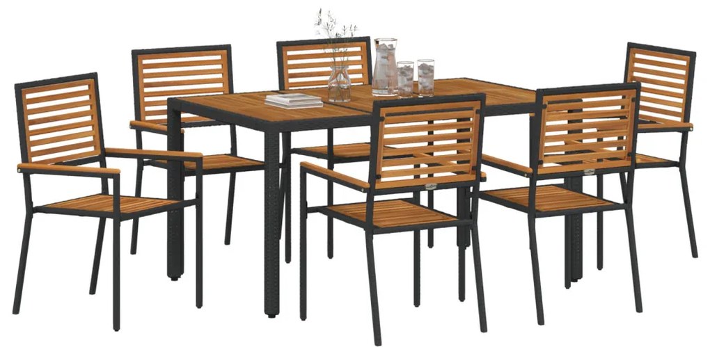 7 Darabos Kerti Étkezőszett Fekete Poly Rattan Akácia, Összecsukható Kerti Székek Párnákkal 2 db Fekete Poly Rattan