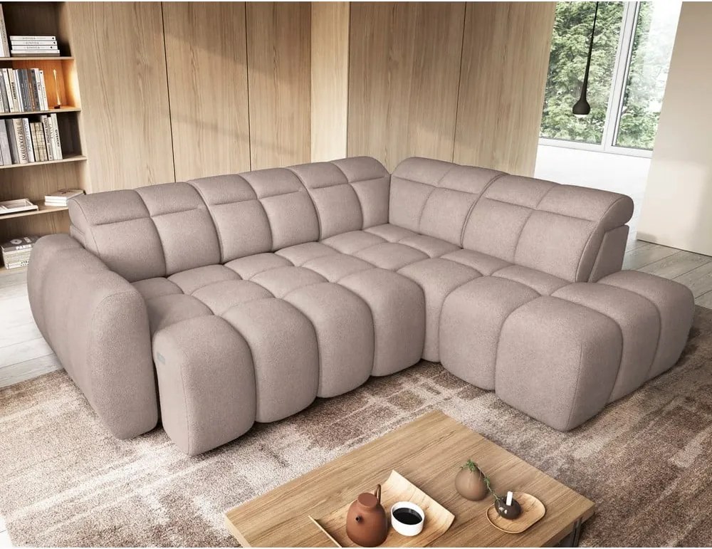 Világosbarna buklé kinyitható-tárolóhelyes sarokkanapé (jobb oldali-L alakú) Falconn – ELTAP