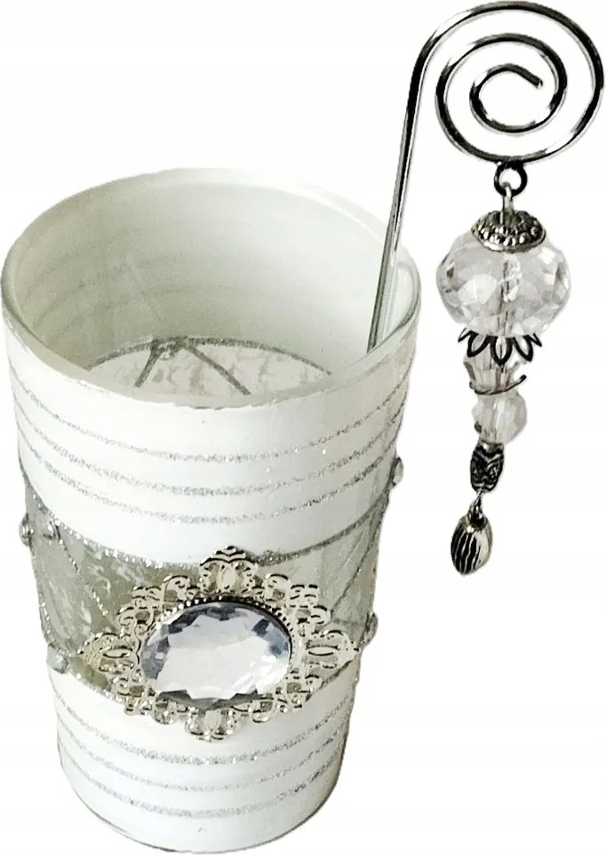 Üveg gyertyatartó, fehér-ezüst