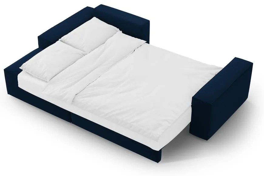 Sötétkék bársony kinyitható-tárolóhelyes sarokkanapé (bal oldali-heverő résszel) Jodie – Micadoni