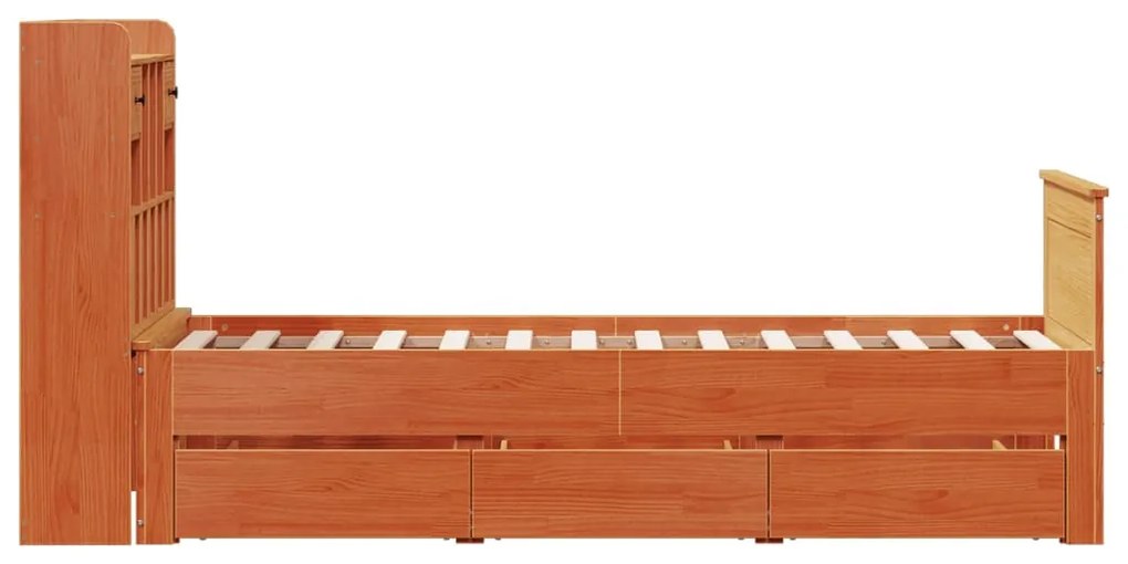 barna tömör fenyőfa könyvespolcos ágy matrac nélkül 90 x 190 cm
