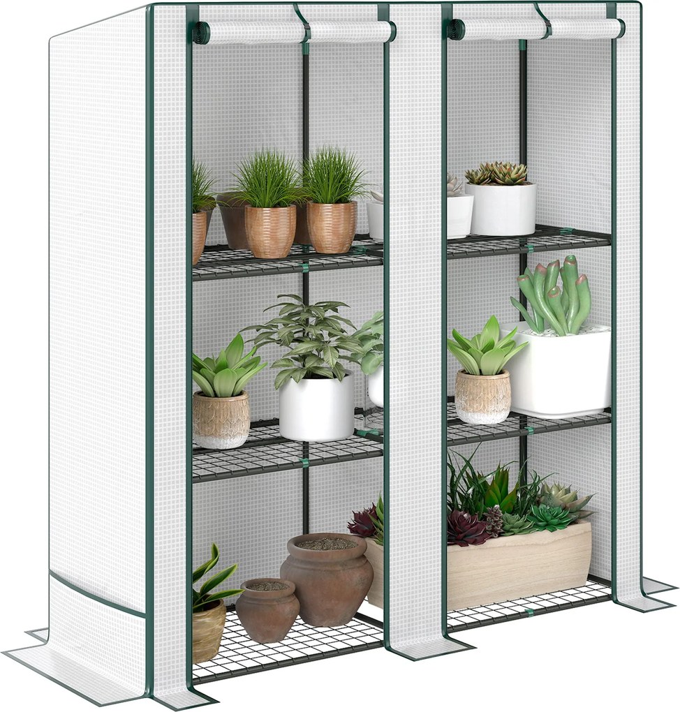 Outsunny Üvegház Magastetős Kétszárnyú Ajtóval, Polcokkal, Télen Tartós Műanyag Üvegház Acélból, Üvegház Erkélyre, Kertbe, Paradicsomház 144 x 48 x 15