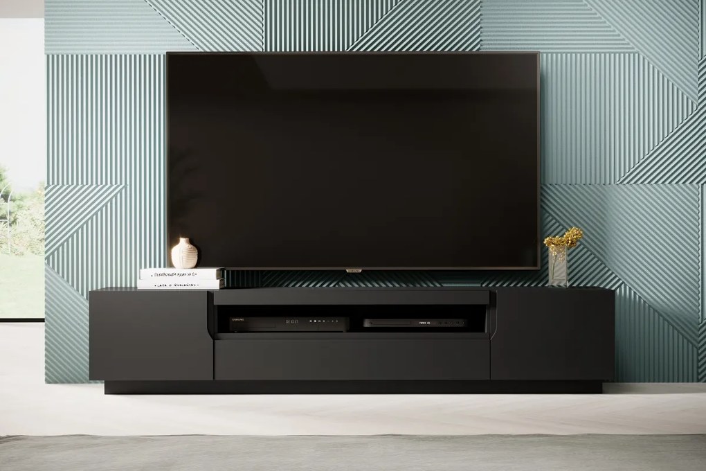Loftia RTV szekrény 200 cm kétajtós nyitott polccal - fekete / fekete matt