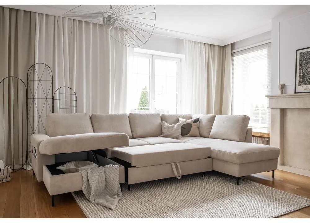 Bézs kordbársony kinyitható sarokkanapé (jobb oldali) Lofty Lilly – Miuform