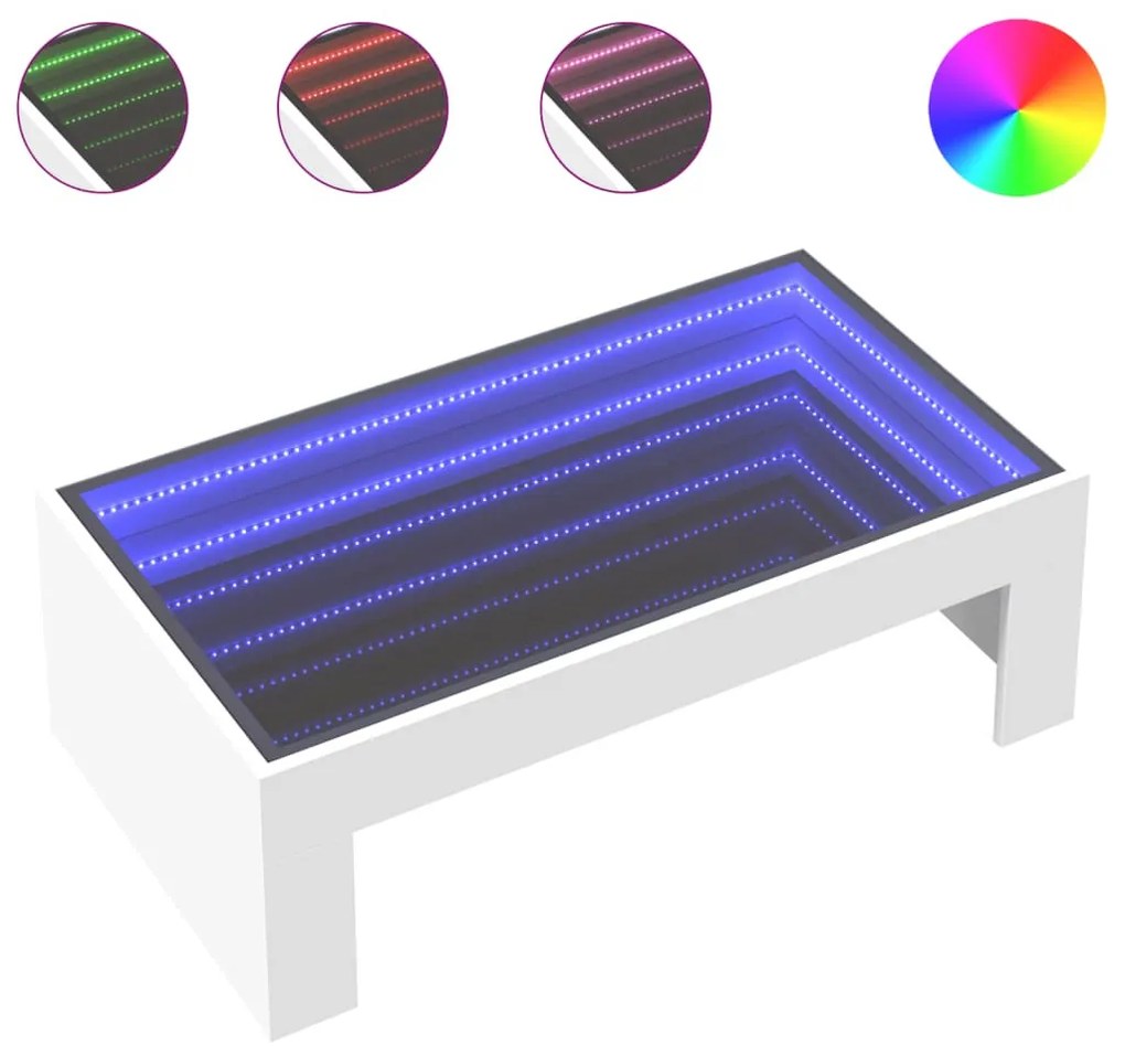 Fehér végtelen hatású LED-es dohányzóasztal 90 x 50 x 30 cm
