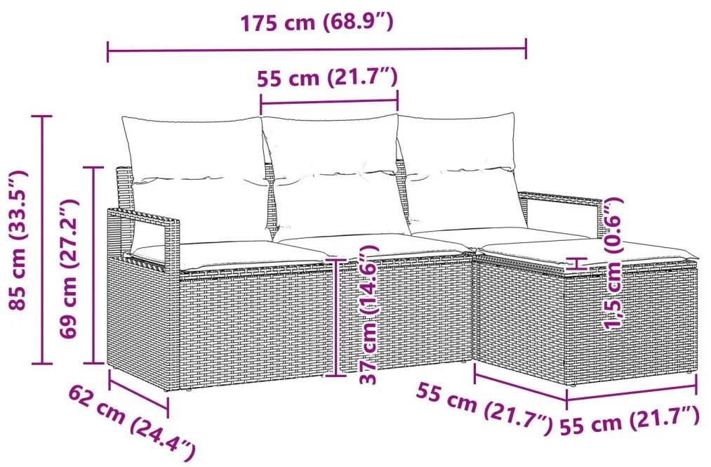4 Részes Kert Kanapé Szett párnákkal Szürke Poli Rattan, 2-Fős Kert Kanapé párnákkal Szürke Poli Rattan