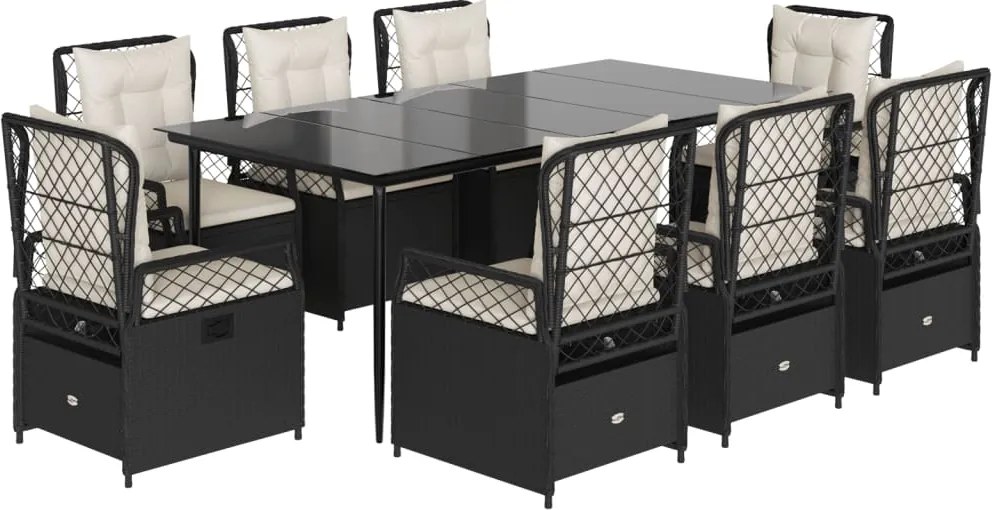 vidaXL 9 részes fekete polyrattan kerti étkezőgarnitúra párnákkal