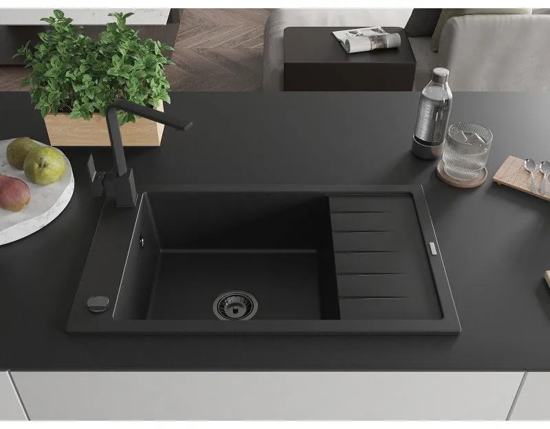 Mexen Elias, gránit mosogató gránit 795x480x200 mm, 1 kamrás, fekete fekete szifonnal és fekete Rita mosogató csapteleppel, 6511-77-670300-70-B
