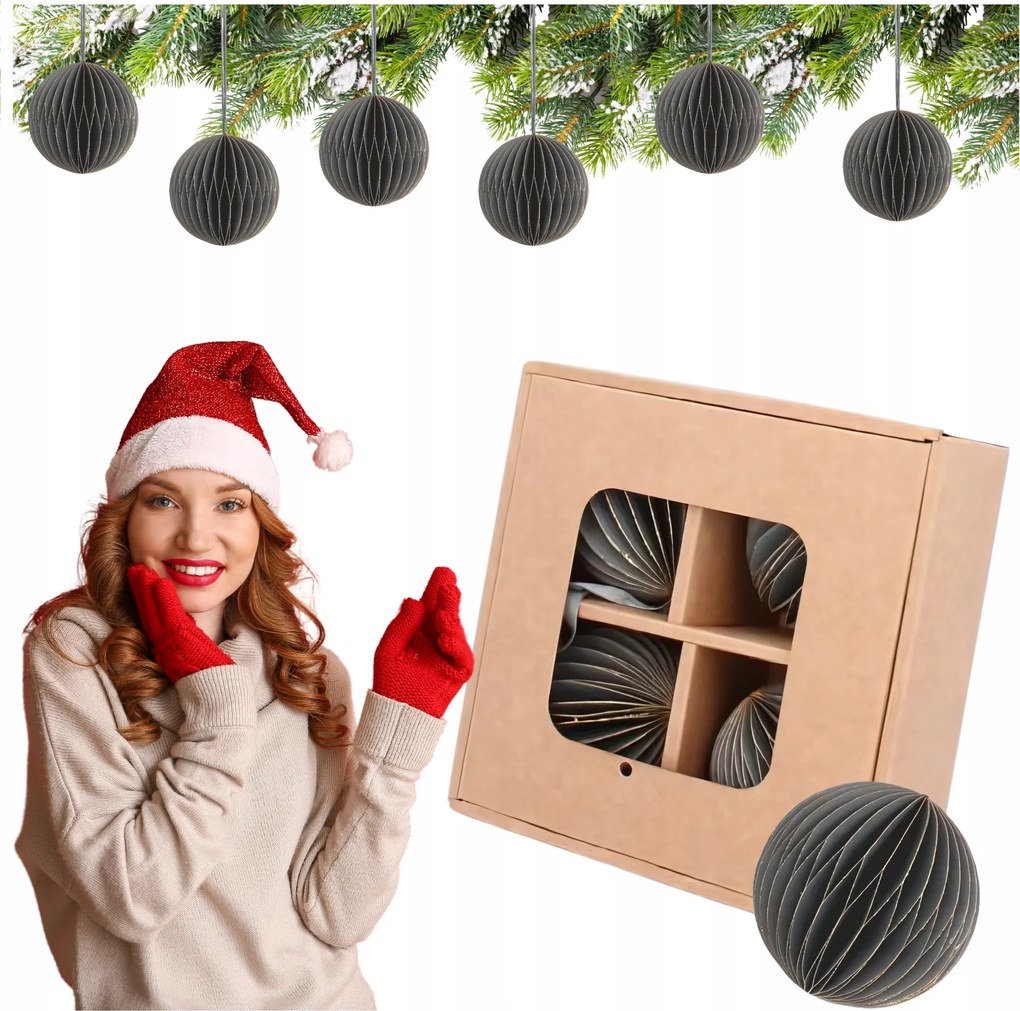 Elegáns szürke papír karácsonyfadísz szett, 4 darabos, 7 cm