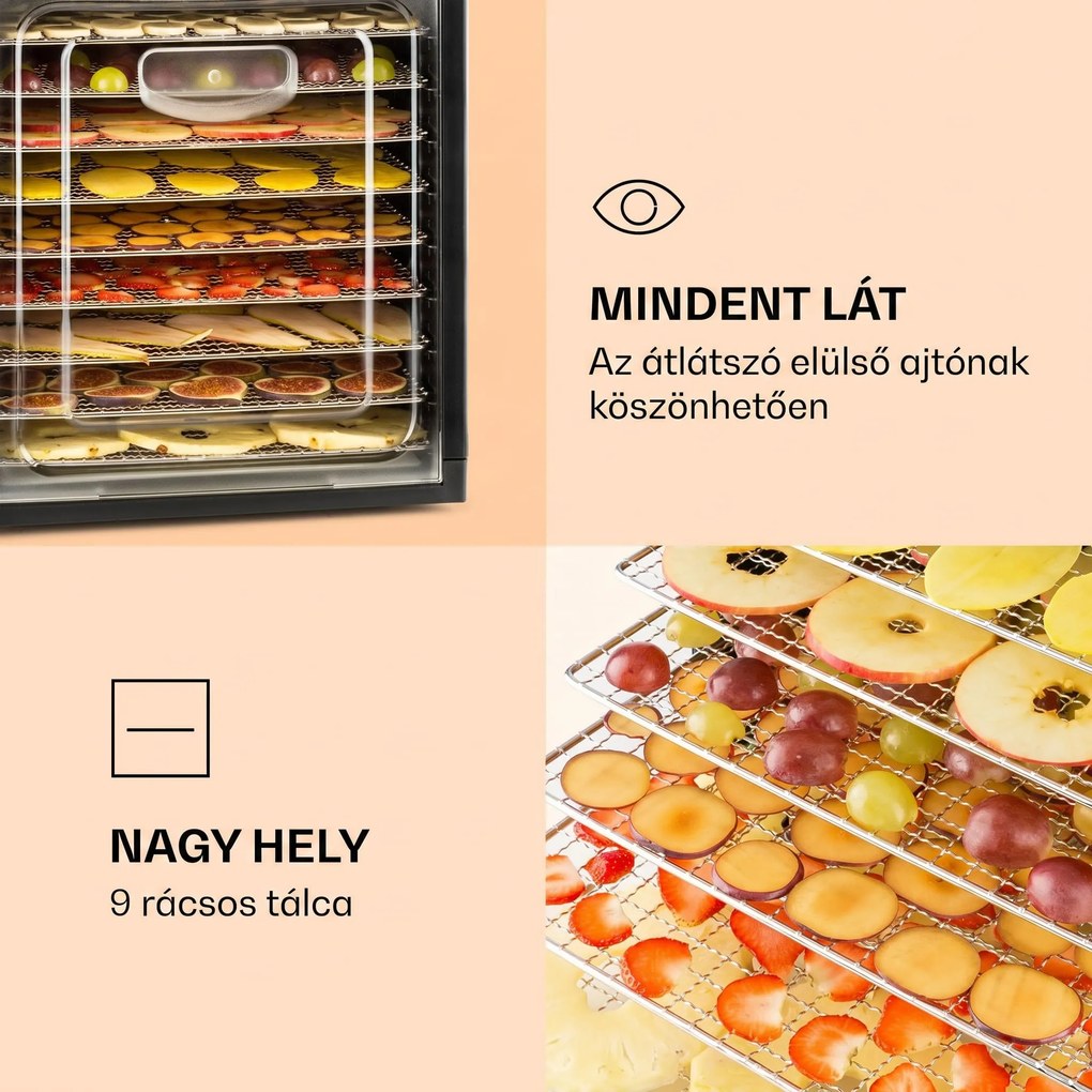 Klarstein Fruit Jerkyu Plus 9, aszalógép, 600-700 W, 35-70 °C, időzítő, 9 emelet