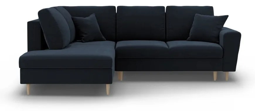 Sötétkék bársony kinyitható tárolóhelyes sarokkanapé (bal oldali-L alakú) Kyoto – Cosmopolitan Design