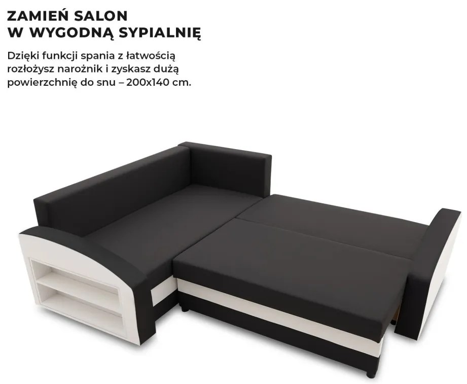 Grande sarokkanapé polcokkal , polc a bal karfaban, baloldali, szövet anyag, bonell töltet, fekete - fehér