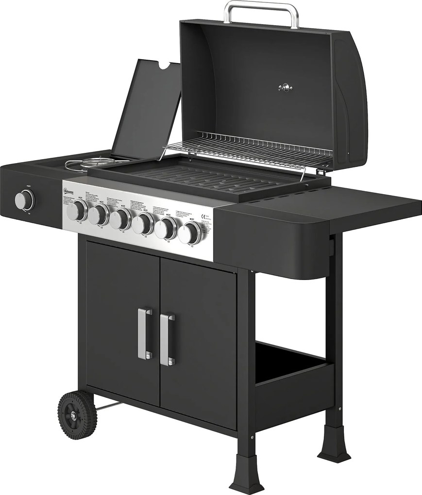 Outsunny 17,8 kW (kb. 60 700 BTU) 6+1 égős rozsdamentes acél gázgrill kocsi oldalégővel, hőmérővel, zománcozott rácsokkal, melegen tartó ráccsal, olda