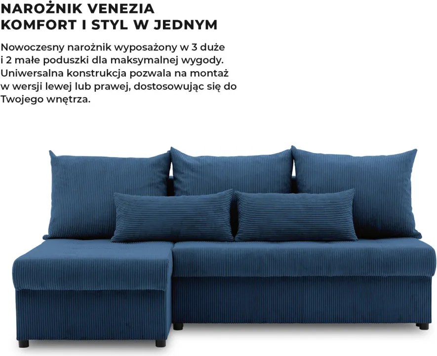 Venezia sarokkanapé, kordbársony, univerzális oldal, hab töltet, kék