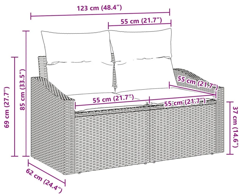 2-fős Kertisofa Tárolóval és Párnákkal Szürke Poly Rattan