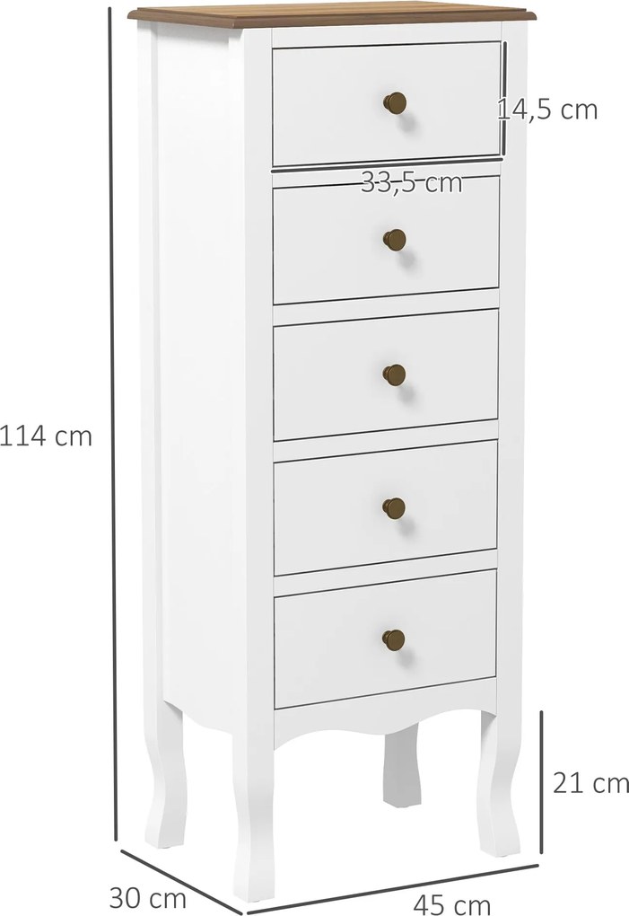 HOMCOM 5-Fiókos Komód, Kompakt Tárolóegység, Fehér Szin Brass Hatású Gombfogantyúval, Hálószobába, Előtérbe, Nappaliba, méret: 45L x 30W x 114H cm | A