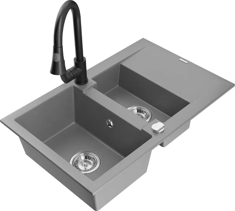 Mexen Gaspar 1,5 kamrás gránit mosogató csepegtetővel és Elia konyhai csapteleppel, szürke - 6507-71-670101-70