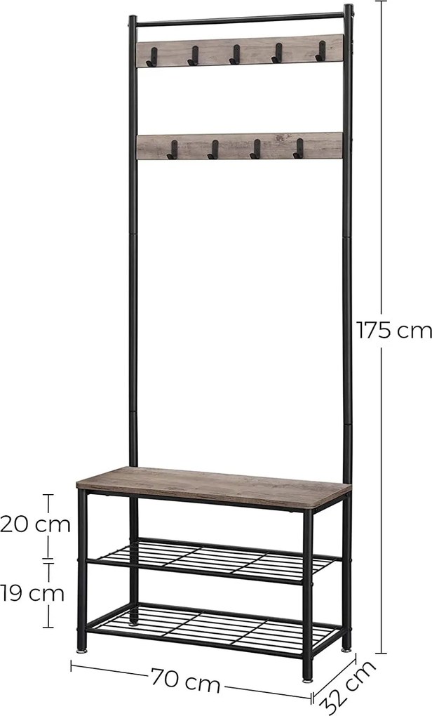Kabáttartó állvány, cipőtartó üléssel, magasság 175 cm