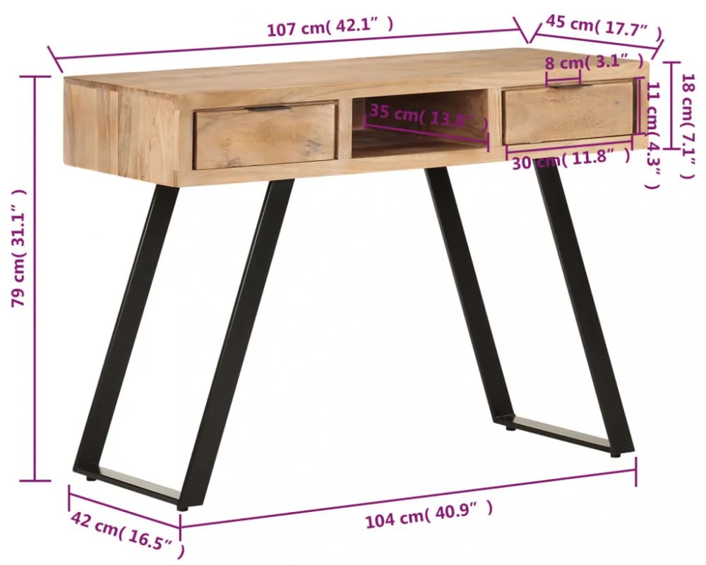 természetes szélű tömör akácfa íróasztal 107x45x79 cm