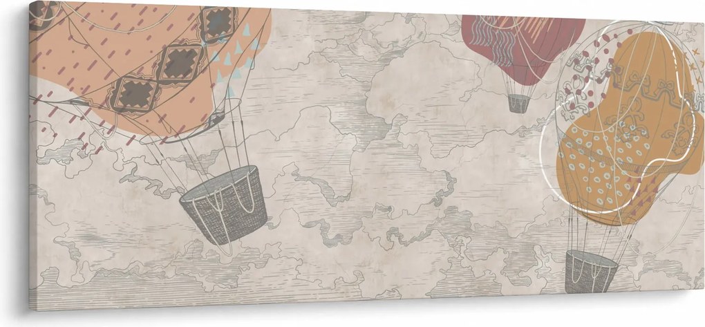 Kép - léggömbök a város felett , meleg tónusok (120x50 cm)