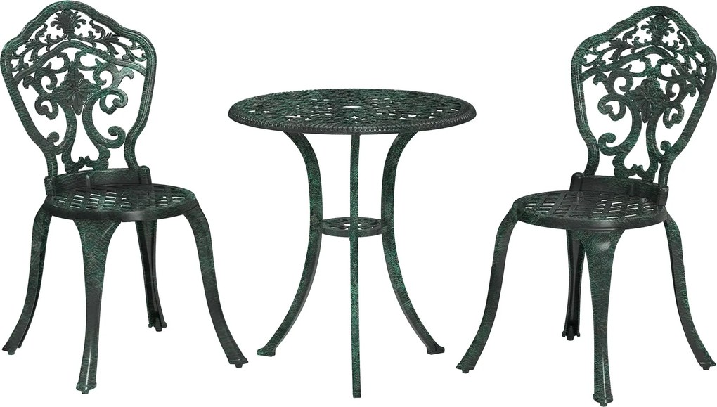 Outsunny 3 részes alumínium kerti bistró szett (2 szék + 1 kerek asztal) Zöld kovácsolt vas megjelenés | Aosom