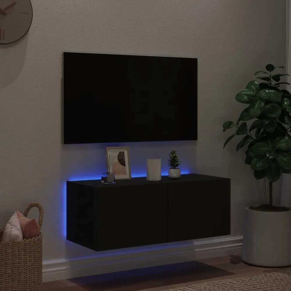 fekete fali TV-szekrény LED-világítással 80x35x31 cm