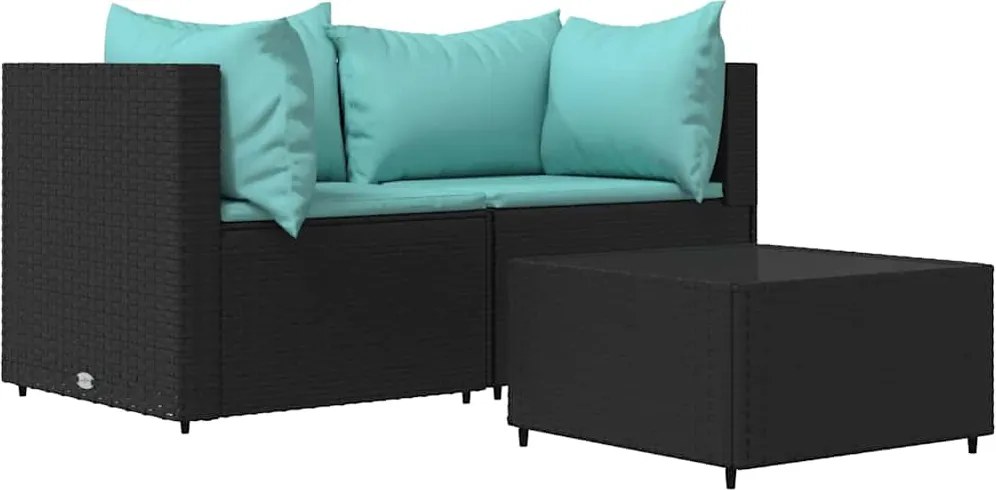 vidaXL 3 részes fekete polyrattan kerti ülőgarnitúra párnákkal