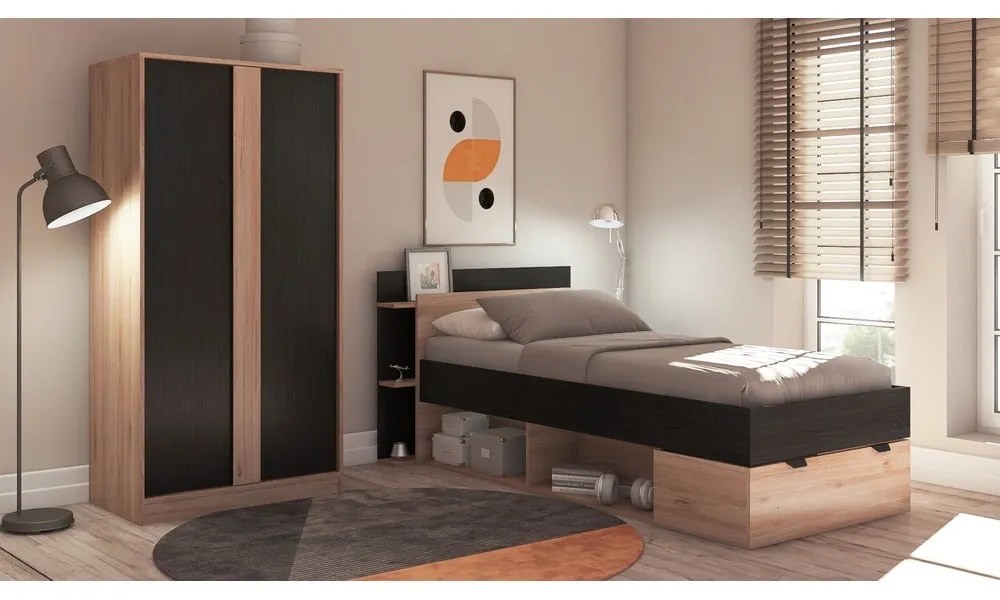 Fekete-natúr színű ruhásszekrény tölgyfa dekorral 90x180x53 cm Dennis – Marckeric