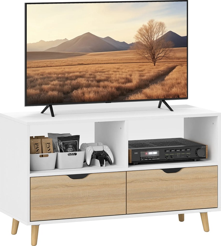 HOMCOM TV Szekrény 2 Polccal és Fiókkal, 99 cm hosszú TV Állvány a Nappaliba, Fehér, 99 x 39 x 58.3 cm | Aosom
