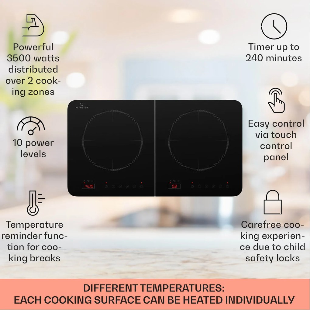 Klarstein Cookio, dupla indukciós főzőlap, 3500 W, időzítő, üvegkerámia