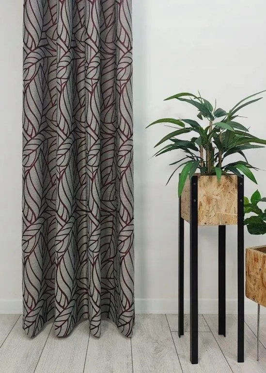 Készfüggöny 140x250 szürke dombornyomott levelek bordó 3d elegáns modern