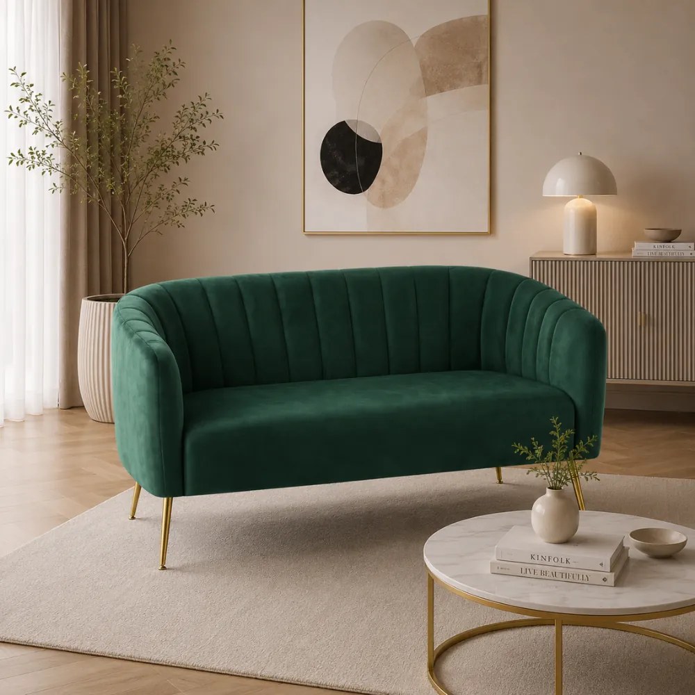 Design kétszemélyes kanapé, sötétzöld Velvet szövet/gold króm-arany, BAGY