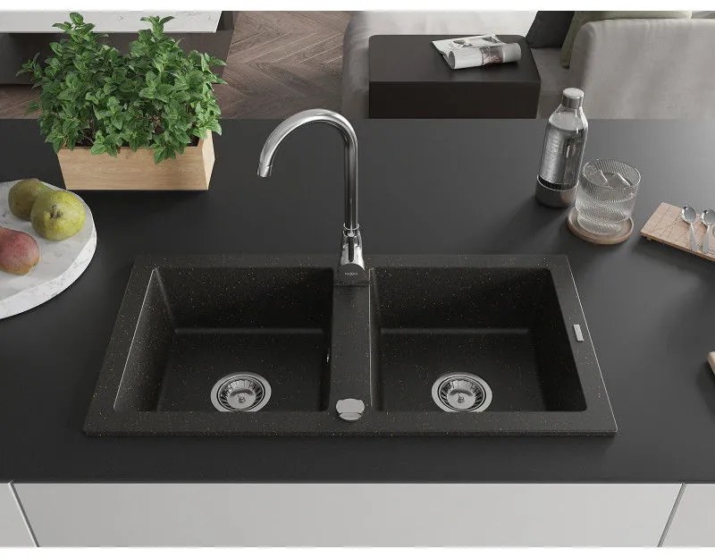 Mexen Mario, 2 kamrás gránit mosogató 820x436x161 mm és Telma króm mosogató csaptelep, fekete-arany metál, 6504-75-670200-00
