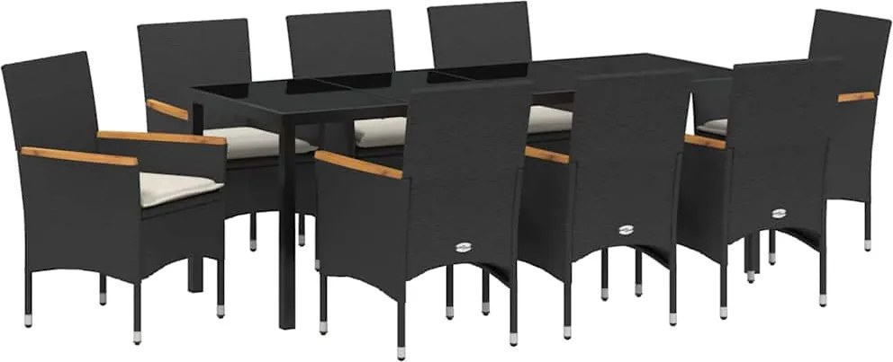 vidaXL Kert étkező szett párnával 9 pcs Fekete polirattan
