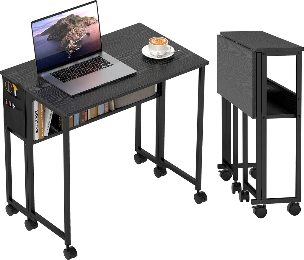 HOMCOM Téroptimalizáló Összecsukható Asztal, Kis Asztal Fékes Kerekekkel, Polc és Tároló Zseb, Összecsukható Számítógép Asztal Otthonra, Tanulmányhoz