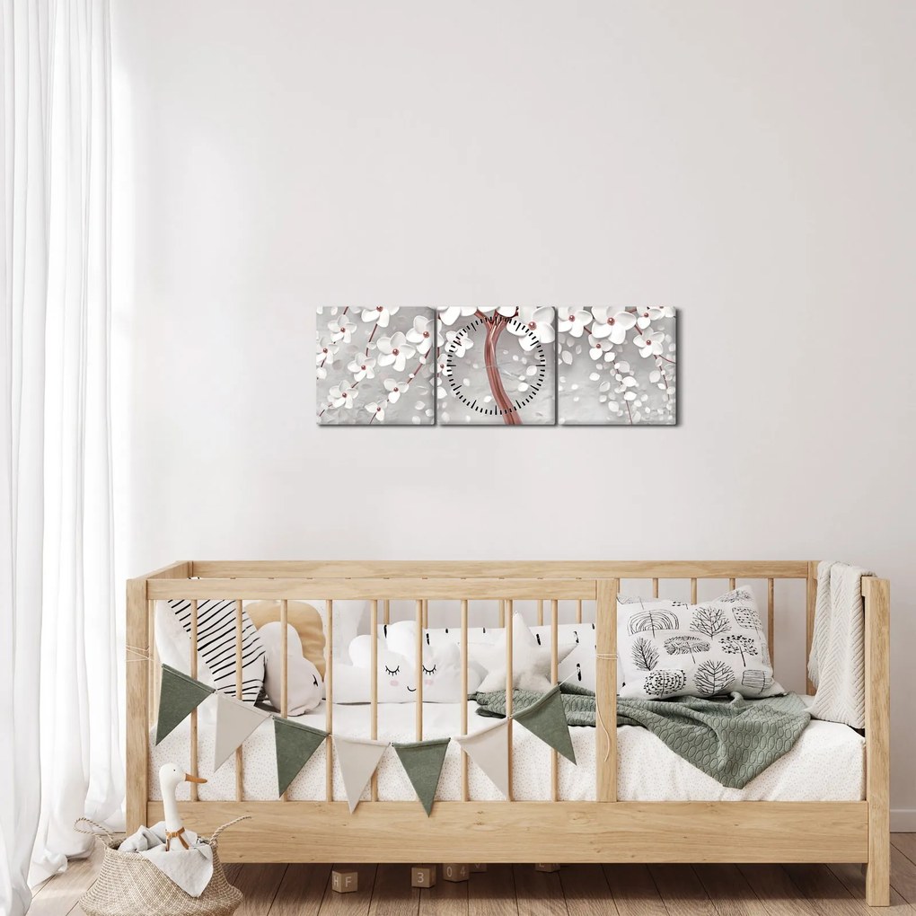 Kép - Egy fehér fa képe virágokkal, rózsaarany (órával) (90x30 cm)