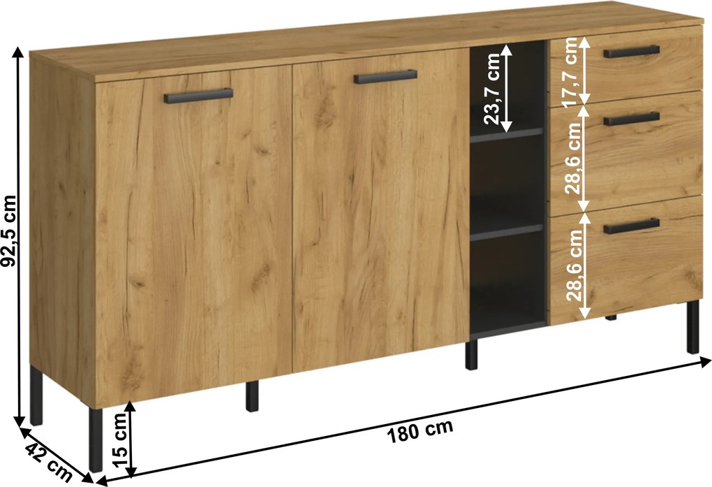 Komód 2D3S, craft tölgy arany/antracit, SANTANA