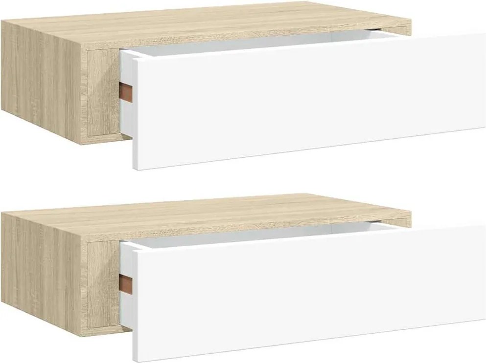 vidaXL 2 db tölgyszínű és fehér MDF fiókos fali polc 40 x 23,5 x 10 cm