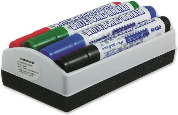 Táblamarker készlet, 2-3 mm, kúpos, tolltartóval, GRANIT M460, 4 különböző szín + táblatörlő (TGM460W)