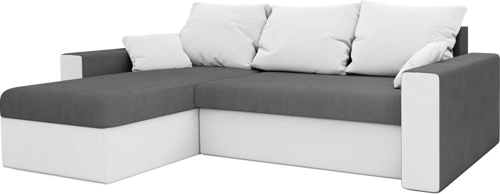 Kihúzható, kétoldalas L alakú kanapé NORIX 240x140 cm, szürke/fehér polccal + 2 díszpárna ingyen
