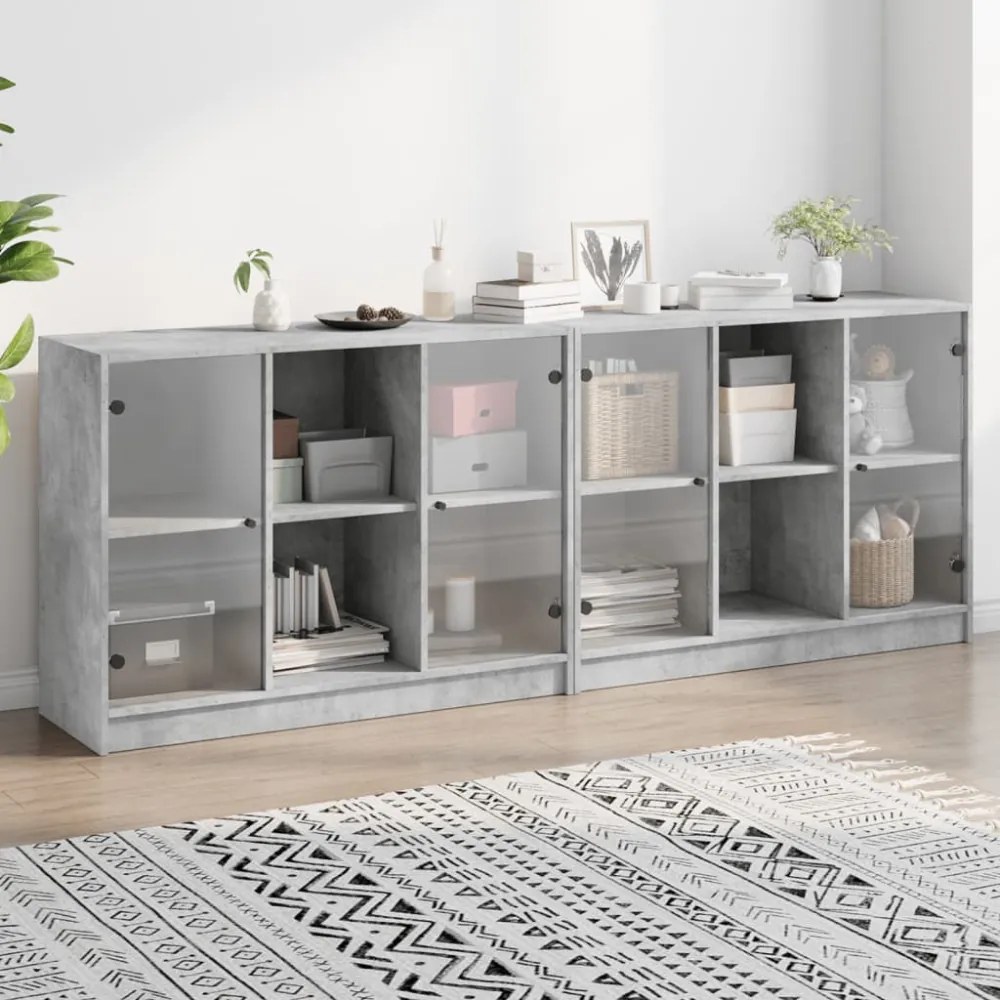 betonszürke szerelt fa könyvespolc ajtókkal 204x37x75 cm