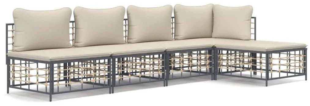 5 részes antracitszürke polyrattan kerti ülőgarnitúra párnákkal