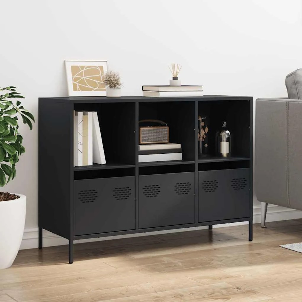 vidaXL fekete hidegen hengerelt acél tálalószekrény 101,5x39x73,5 cm