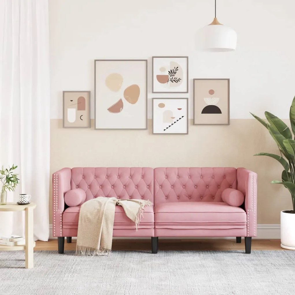 2 személyes rózsaszín bársony Chesterfield kanapé párnákkal