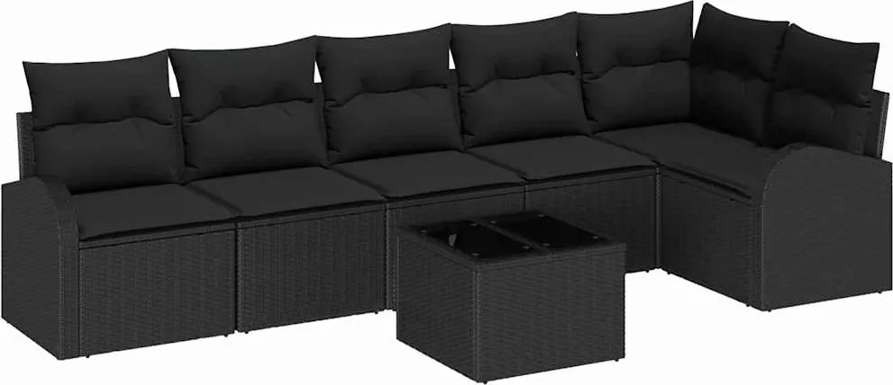 vidaXL Kerti Kanapé Szett párnával 7 pcs Fekete Poli rattan