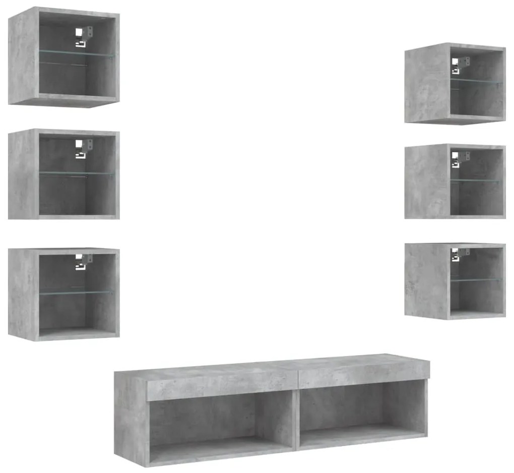 8 darab betonszürke szerelt fa fali TV-bútor LED-del